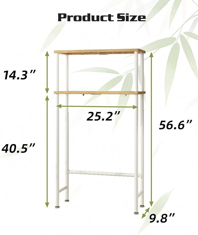 LiSHELF Bamboo Over The Toilet Storage Shelf 2-Tier Bathroom Organizer Rack Freestanding Above Toilet Shelves Space Saver for Small Bathroom, Laundry, White