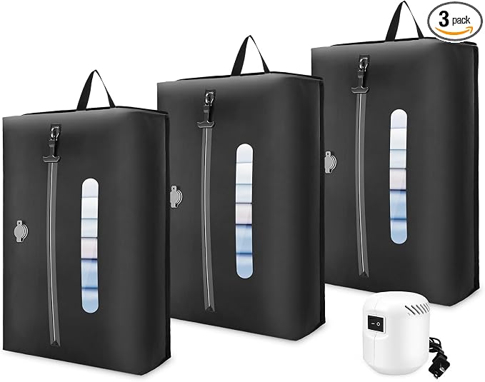 3 Pack Vacuum Travel Bags with Pump, 21L Compression Bags for Travel, IP67 Waterproof Airtight Zipper Vacuum Bags for Luggage & Backpack & Suitcase and Home Storage, Black