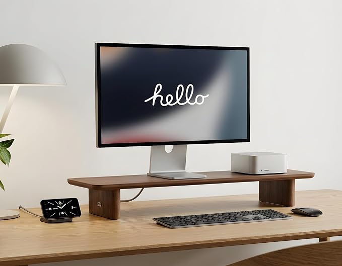 Walnut Single Monitor Stand Riser - 31.5" Wooden Monitor Stand for iMac, Laptop & Monitor, Minimalist Desk Shelf Organizer, Natural Wood Grain