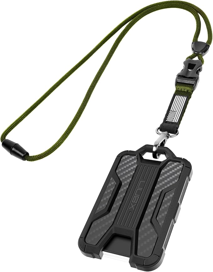 LIUGX Badge Holder with Breakaway Lanyard, Carbon Fiber-Texture, 6 Cards | American Flag, Quick Release Detachable Buckle, Metal Clip, Heavy Duty ID Card Holder, for Work, Office, Easy to Use, Green