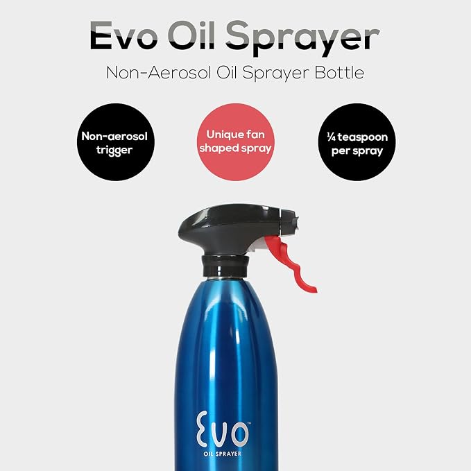 Evo Oil Sprayer 18/8 Stainless Steel, Non-Aerosol for Olive, Cooking Oils, and Vinegars, Blue, 16-Ounce Capacity