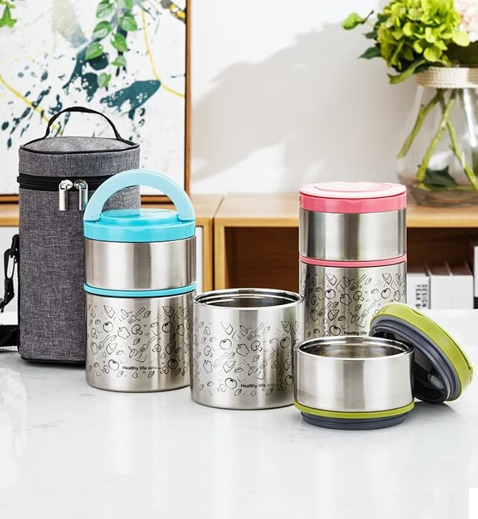 Lille Home 2 Tier Vacuum Insulated Stainless Steel Thermal Lunch Box,32OZ | 2 Tier Bento Food Container with Lunch Bag, Leakproof Wide Mouth Bento Box for Cold/Warm Food, Portion Control, Green