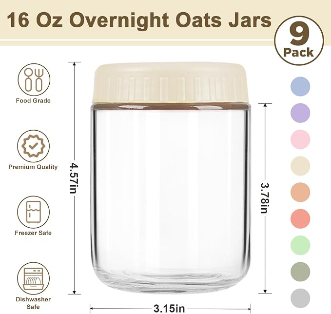 Overnight Oats Containers with Lids, 16oz Wide Mouth Mason Jars with Lids, 9 Pack Glass Jars with Airtight lid for Chia Pudding Yogurt Salad, Meal Prer Oatmeal Jars, Yellow