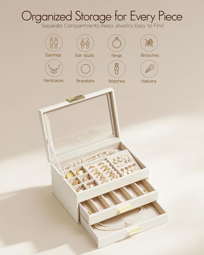 VLANDO Jewelry Box Organizer for Women, 3-Layer Jewelry Storage Case with Glass Lid, Gold Handle, 2 Drawers for Rings, Earrings, Necklaces and Bracelets - Cloud White
