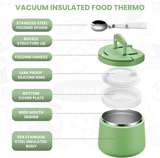 Itslife 14oz Vacuum Insulated Soup Thermo for Hot Food, Kids Lunch Container with Leakproof Buckle Lid, Wide Mouth Stainless Steel Food Jar with Spoon