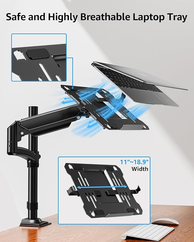 MOUNTUP Laptop Desk Mount, Adjustable Laptop Stand for max 17" Notebook or 32" Monitor, Laptops Arm Mount for Desk Holds 4.4-22lbs, Tall Laptops Stand with Clamp/Grommet
