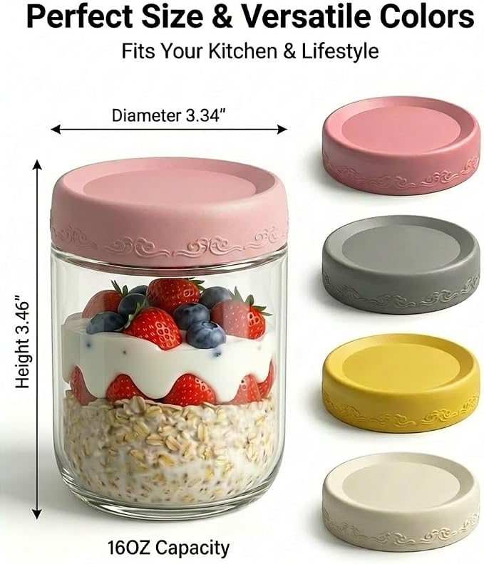 10 oz 4Pack Glass Overnight Oats Jars Containers with Airtight Leakproof Lids, Reusable Mason Jars for Meal Prep, Yogurt Parfaits, Smoothies, Salads & Healthy Breakfasts (10 OZ-4-2)