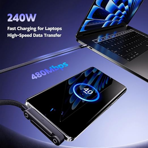 NKV USB C to USB C Cable， 240W Fast Charging Cable 5 FT，Invisible Stand Charging Cable，Flat USB c Cable,USB c Cable Right Angle，for iPhone 17 Series, Samsung Galaxy S25 S24 Ultra etc (Black)