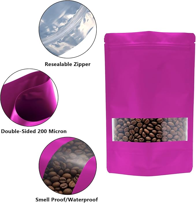 50PCS Foil Pouch Mylar Bags with Clear Window,ULIFESTAR Stand Up Sealable Bags with Tear Notches,Resealable for Food,Party Favors,Gift Packaging and Small Business(20 * 30cm/7.87 * 11.81",Purple)