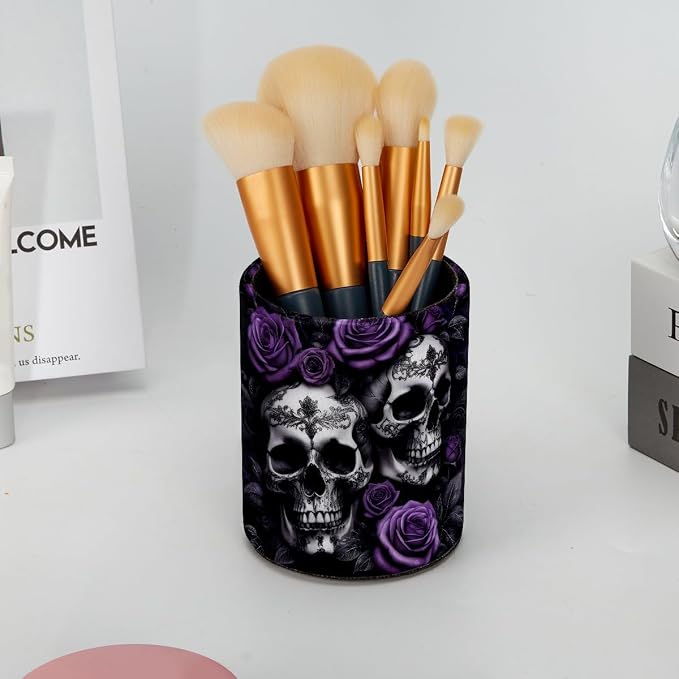 Skulls and Purple Rose Pen Holder Pencil Organizer for Desk, 3.1” x 3.1” x 3.9” Pencil Cup Office Supplies, Large Capacity Cute Pen and Makeup Brush Holder for Home, School, Desktop