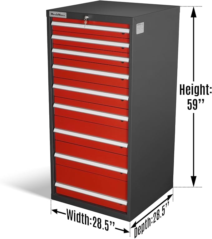MechMaxx Heavy Duty Modular Drawer Cabinet – 9 Drawer Tool Storage Organizer, Steel Construction, 59" W x 28.5" D x 28.5" H，Model MD59A9