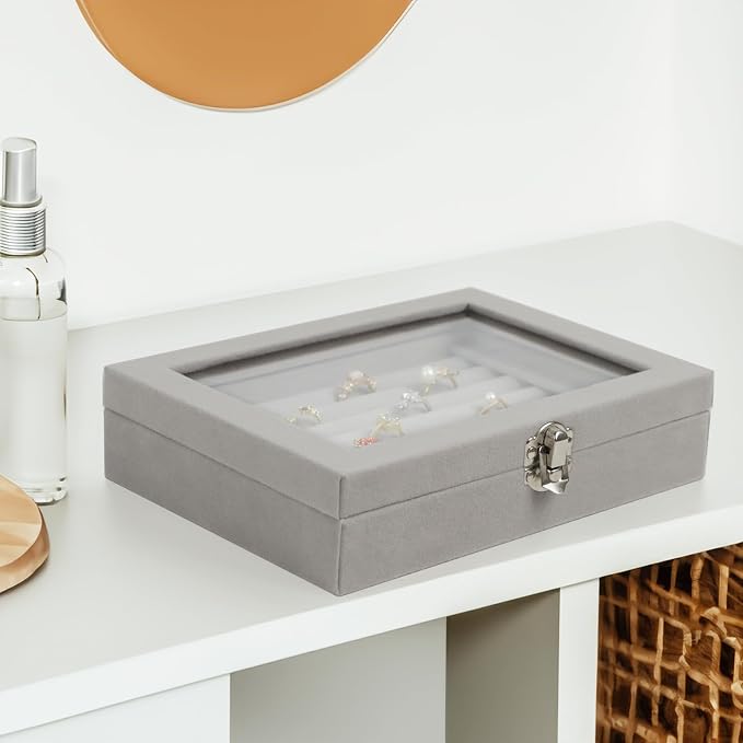Fordonral Velvet Jewelry Organizer Box, Jewelry Drawer Organizers Trays, Earring Ring Necklace Holder Display Case (Gray, Ring Box)