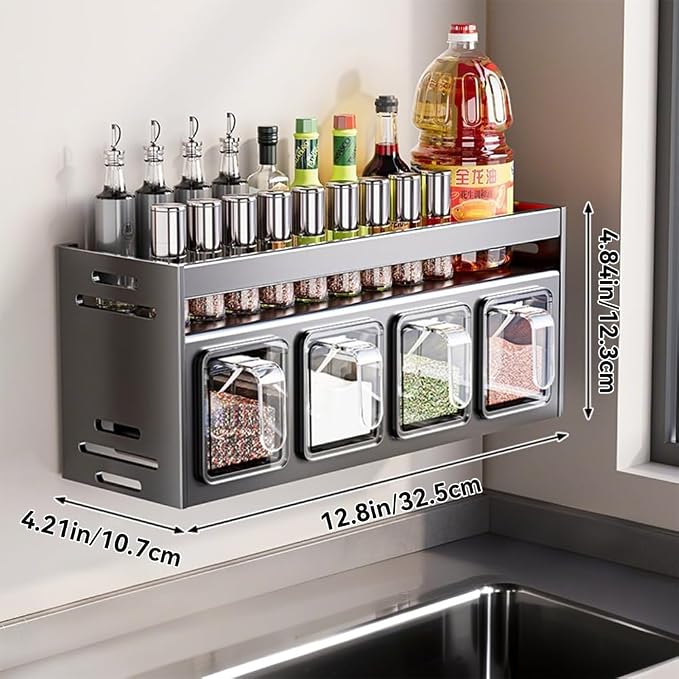Kitchen Spice Rack Wall Mount Hanging Seasoning Box Over Stove Hanging Shelf Seasoning Jar Organizer for Sugar Salt Pepper (4 Box)