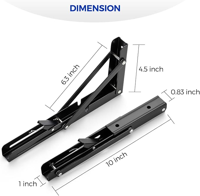 Ravinte Matte Black Folding Shelf Brackets, 10 Inch, 6 Pack | Collapsible Bracket Design, Table And Bench Support, Space-Saving Shelf Setup, For Worktops, Laundry Rooms, Garage Projects