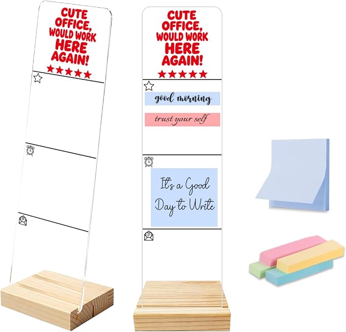 Sticky Note Holder, Monitor Memo Board, Sticky Note Board for Desk, Acrylic Desk Buddy with Wooden Base, Includes 200 Notes, Funny Office “Cute Office Would Work Here Again 5 Star Review”