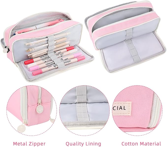 iSuperb 3 Compartments Pencil Case Pouch Big Capacity Pencil Holder for Kids Teen Girls Boys Student School Supplies Oxford Stationery Storage Cosmetic Case (Pink)