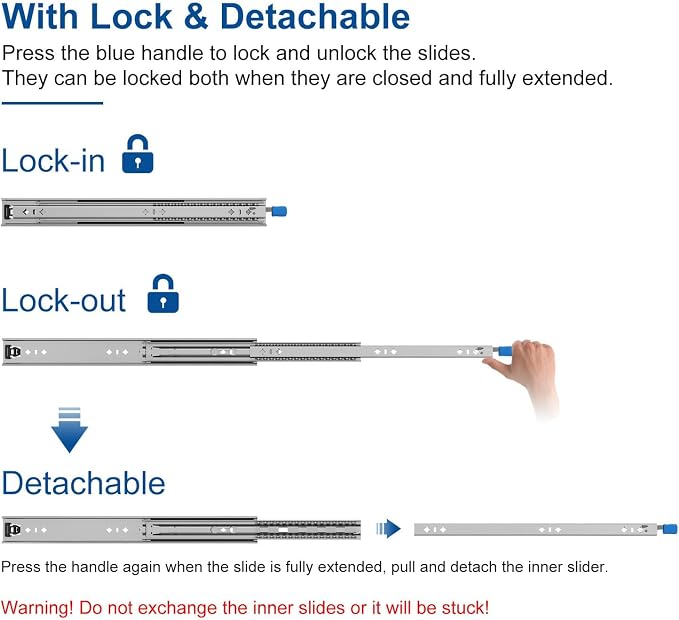 VADANIA 20" Heavy Duty Drawer Slide with Lock #D53, 2" Width Up to 125lb Load Capacity, 3-Fold Full Extension, Ball Bearing Lock-in & Lock-Out, Side Mount, 1-Pair