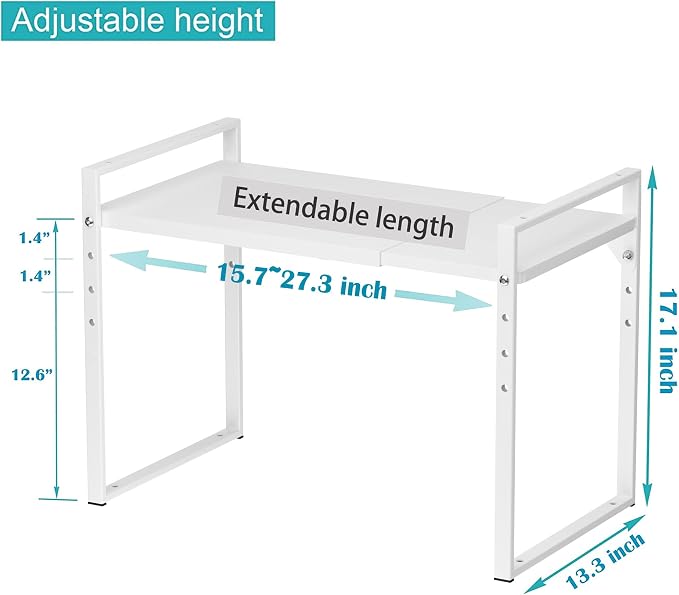 iPEGTOP Extendable Microwave Oven Rack, Adjustable Height Microwave/Toaster Shelf Heavy Duty Metal Pantry Shelf Space Riser Stand Organizer for Kitchen Counter Top Organization, White