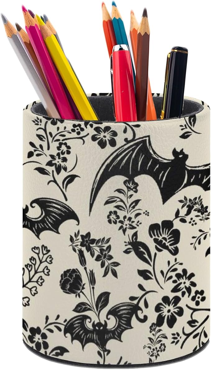 Gothic Bat Flowers Pen Holder Pencil Cup for Desk Organizer | Cute Makeup Brush Holder PU Multifunctional Office Suppliesfor Decor Home Classroom School