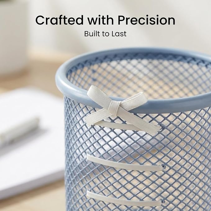 Pen Holder for Desk - Cute Ribbon Bow Wire Mesh Pencil Cup, Lace-up Desktop Organizer for Girls & Teens, Decorative Stationery Storage for Home Office (Blue)
