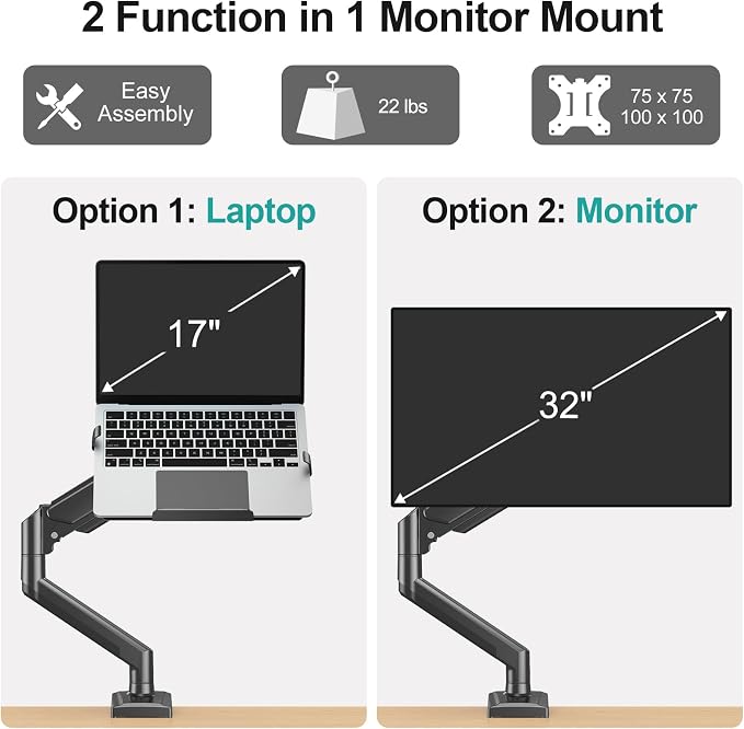 MOUNT PRO Laptop Arm Mount for Desk, 2 in 1 Function Monitor Laptop Stand, Fits Max 17" Notebook and 32" Computer Screen, Aluminum Single Monitor Holder with Adjustable Tray, Holds up to 22lbs