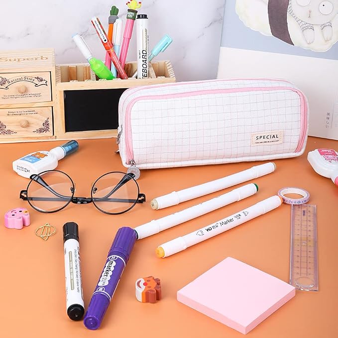 iSuperb Large Pencil Case Big Capacity Pencil Pouch 3 Compartments Pen Bag Canvas Marker Pen Bag for Teen Boys Girls School Students (Plaid Pink)