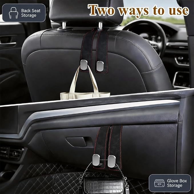 2-Pack Car Hanging Hooks for Car Seat Back & Glove Box, Black | Dual-Use Purses & Bags Hanger for Car With Metal Hooks - Keep Floor & Seats Clutter-Free, Car Interior Organizer Accessories