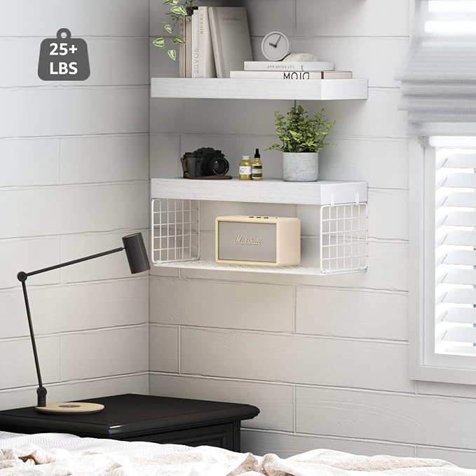 QEEIG White Bathroom Shelves Over Toilet - Wall Mounted Floating Shelves Farmhouse Shelf Toilet Paper Storage Small 16 inch Set of 2 (019-W2)