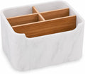 Remote Control Holder, Desk Organizer with Removable Dividers,White | 5-compartment resin and wood organizer holds remotes, pens, glasses, and media devices for desk, coffee table, or nightstand.