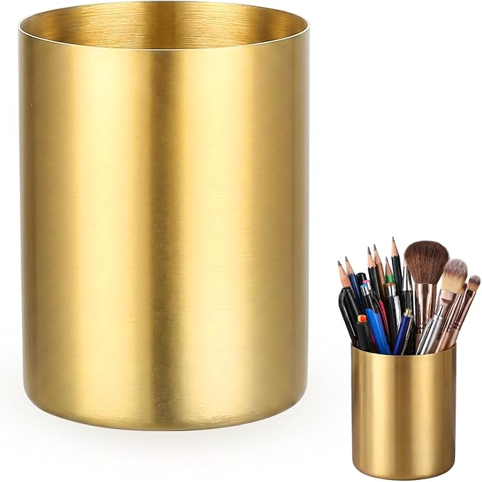 Stainless Steel Gold Pen Holder, Multi-Purpose Desk Pencil Cup, Elegant Makeup Brush Organizer for Office Home Vanity Decor, 3.9 Inch