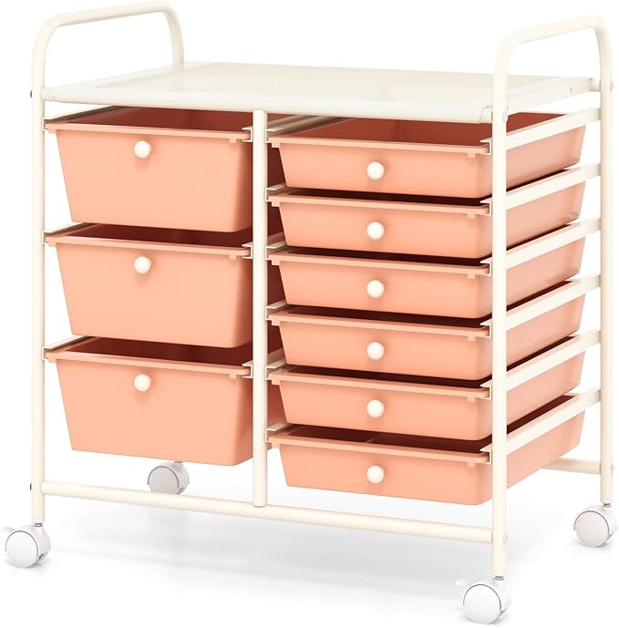 Moccha 9-Drawer Rolling Storage Cart - Under Desk Storage Drawers with wheels for Craft Art Supply Paper Salon, Scrapbook Paper Tools, Mobile Utility Cart for Classroom, Peach
