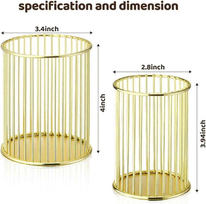 2 Sets Metal Pen Holder for Desk, Makeup Brushes Cup Holder, Pencil Holders, Pen cup, Home and Office Organizer, Gold