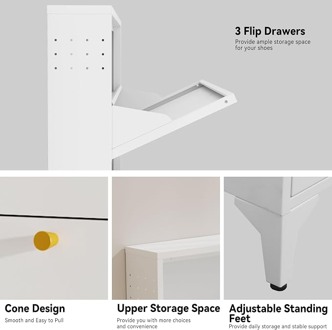 Freestanding Shoe Cabinet with 3 Flip Drawers-Metal Narrow Shoe Rack for Entryway,Hallway,Living Room-Hidden Metal Shoe Cabinet (3 Door, White)