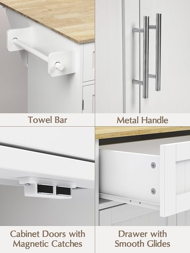 OtterOasis Kitchen Island with Storage, 43.3" Rolling Kitchen Island Cart on Wheels with Wide Drop Leaf Rubberwood Top, Large Mobile Island Table with Trash Can Storage and Towel Bar, White