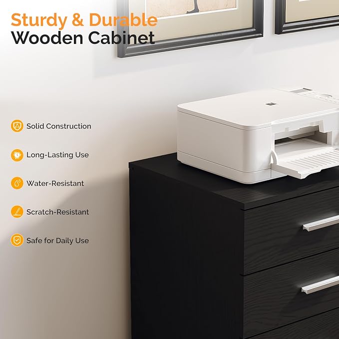 VINGLI 3 Drawer Wood Lateral File Cabinet with Adjustable Shelves & Locking Wheels, Printer Stand with Drawers for Letter Size Files, Sturdy Black File Cabinets for Home Office, Study & Business