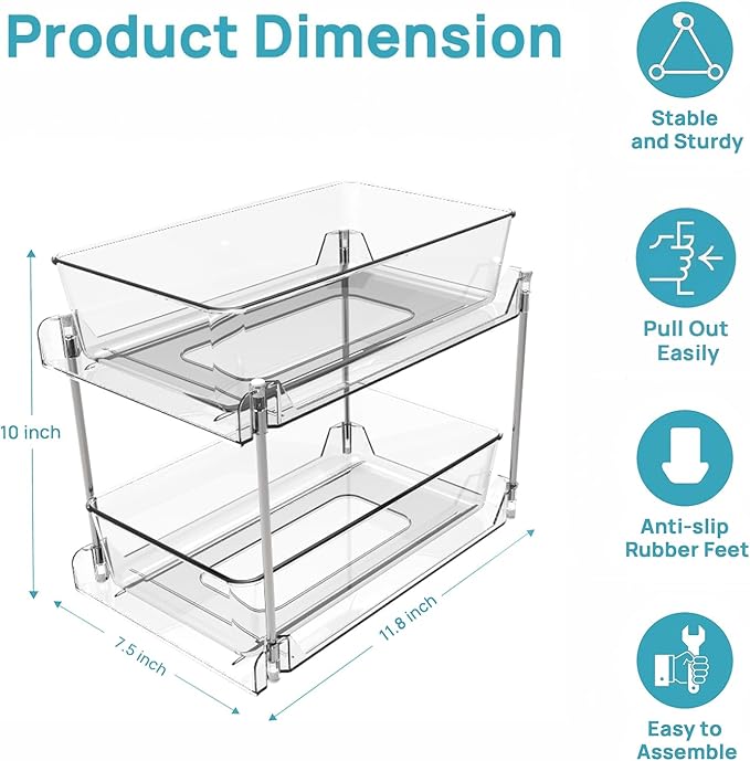 1 Pack Bathroom Organizer,2 Tier Clear Under Sink Organizers Vanity Countertop Storage Container,Cabinet Drawers Bins, Pull-Out Organization with Track for Pantry, Kitchen