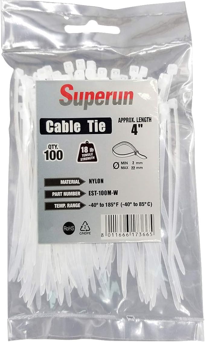 Superun Clear Zip Ties 4 Inch, 18 Lbs Tensile Strength Mini Wire Ties (Industrial Grade Cable Ties) Pack of 100 White | Self-locking,Width 0.1",Max Bundle Diameter 0.86",Industrial Grade,fireproof,Heavy duty,For indoor and outdoor