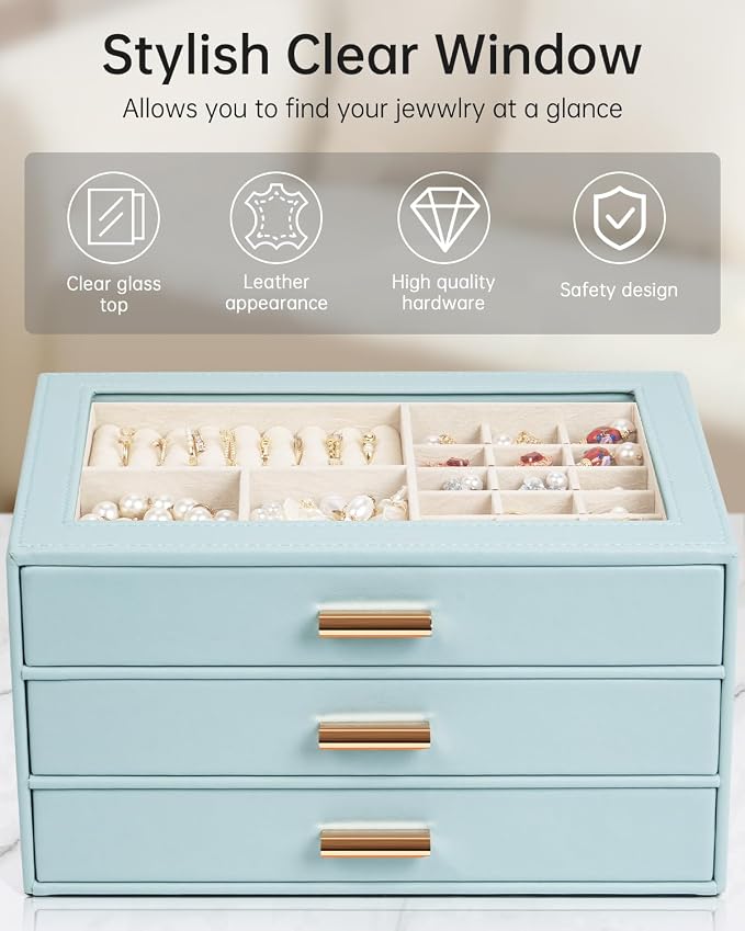 AKOZLIN Jewelry Box with Clear Lid Functional Leather Jewelry Storage Organizer Case 3 Drawers for Women Girls Necklace Ring Bracelet Earring