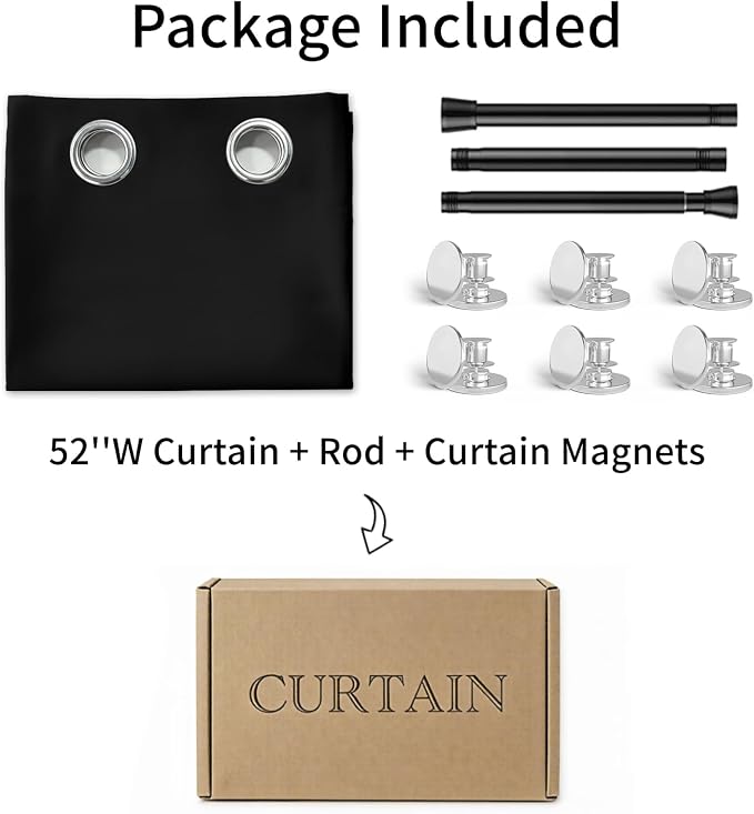 Vatge Magnetic Door Curtain with Rod - W52 x L78, 1 Panel, Black | Thermal Insulated Blackout Curtain for Room Darkening, Room Divider
