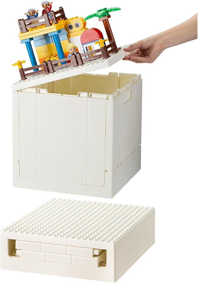 SHIMOYAMA Plastic Foldable Kid Storage Box, 25L Storage Toy Bins with Building Base for Duplo Bricks, 26Qt. Toy Chest for Duplo Blocks, White