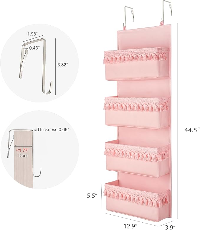 Dahey Over The Door Organizer Boho Nursery Storage Decor Closet Hanging Organizer with Tassels Decoration for Bedroom Nursery Bathroom Apartments Dorm Pantry, 4 Pockets, Pink