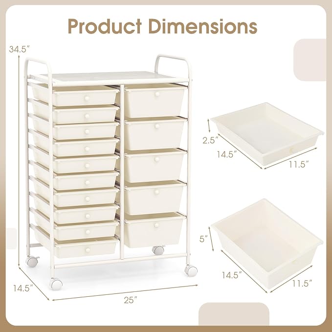 RELAX4LIFE 15-Drawer Storage Drawer Carts - Mobile Rolling Utility Cart w/Wheels, Craft Organizer for Classroom Organization and Storage, School, Office, Home, Storage Organizer Cart (White)