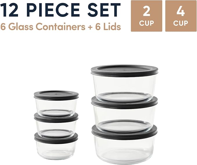 12-Piece Glass Food Storage Containers Set (6 Containers + 6 BPA-Free Lids) | 2-Cup & 4-Cup, Leakproof | Microwave, Freezer, Oven & Dishwasher Safe | Ideal for Meal Prep & Pantry Organization, Black
