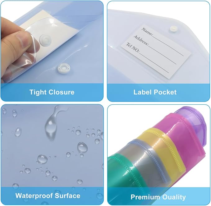 10 Pcs Plastic Envelopes A4 Letter Size | Plastic File Folders, Document Organizer with Label Pocket, 11 Ring Binder Pocket, Waterproof, School Office Home Supplies