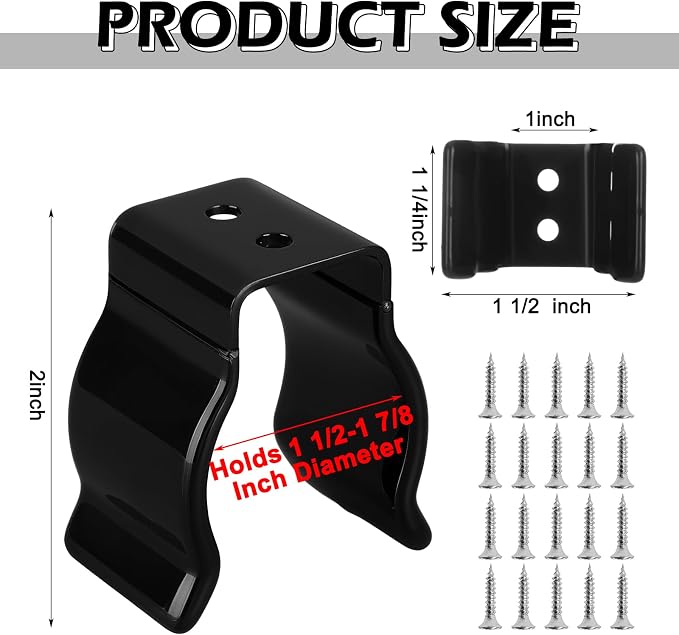 10 Pack Spring Clip Broom Clip with Screws for 1 1/2-1 7/8 Inch Diameter Black Manganese U Shape Steel Clips Holder Bracket for Tools Rakes and Flashlight Pipe Tool Holder Wall Garage Garden