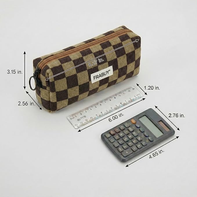 Soft Corduroy Pencil Case Pen Pouch Organizer, Small Stationery Bag | Cute Dark Brown Checkerboard pouch, smooth zipper, daily cosmetics holder, compact organizer for school teen girls, women