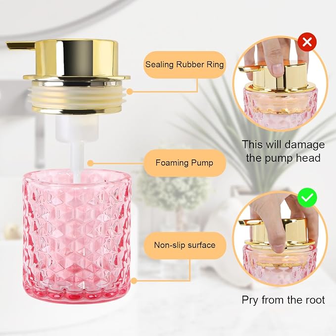 10 Oz Glass Hand Soap Dispenser with Pump, Refillable Bathroom Gold Foaming Soap Dispenser, Vintage Glass Diamond Lotion Container Bottle for Bathroom and Kitchen (1, Pink and Gold)