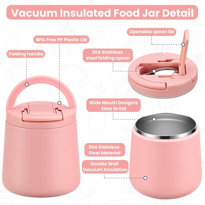 20oz Insulated Vacuum Food Jar with Buckle Lid,Soup Thermo for Hot Food Kids,Wide Mouth Leakproof Stainless Steel Lunch Container with Spoon-Pink