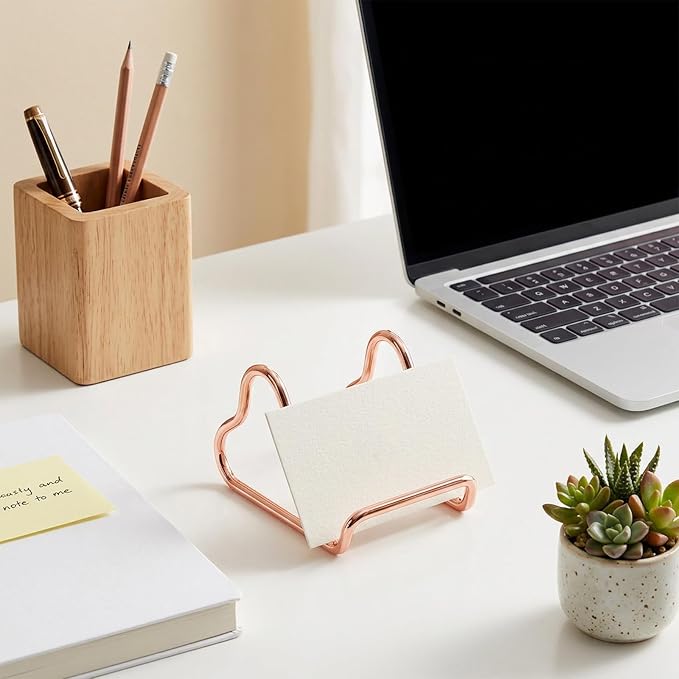 Business Card Holder for Desk Heart Shaped Card Display Stand | Cute Metal Business Cards Holder Vertical Desktop Name Card Organizer Small Phone Stand for Office, Wedding, Rose Gold