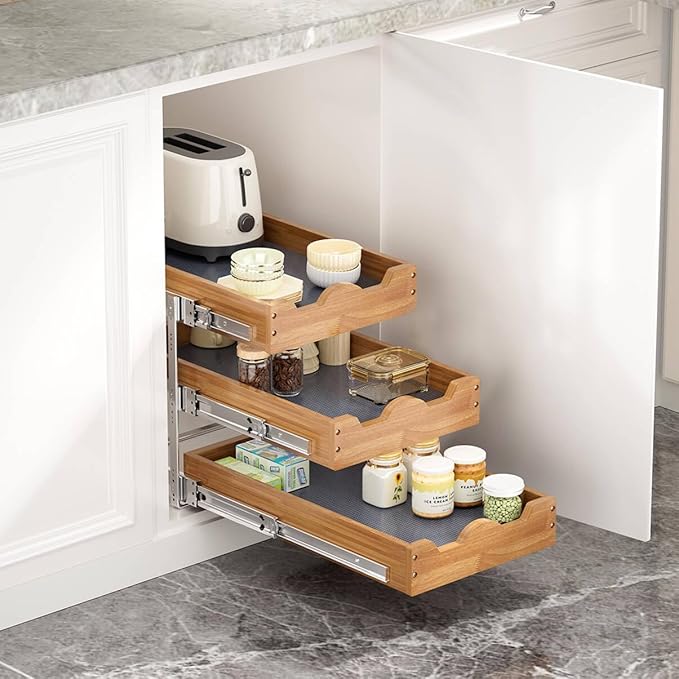OCG Pull Out Drawer 14" W x 21" D, 3 Tier Pull Out Cabinet Organizer, Heavy-Duty Slide Out Drawer for Cabinets, Base Cabinet Organization for Kitchen, Pantry, Bathroom